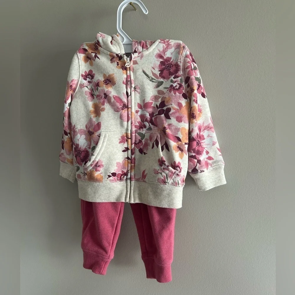 Girls Oshkosh b’gosh 12M pink sweatpants and floral zipped sweatshirt with hood